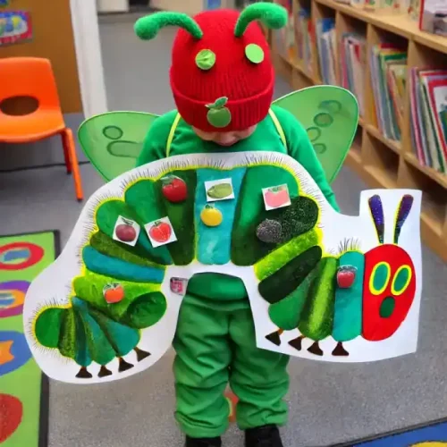 A child dressed as the Very Hungry Caterpillar, wearing a green outfit with fruit stickers.
