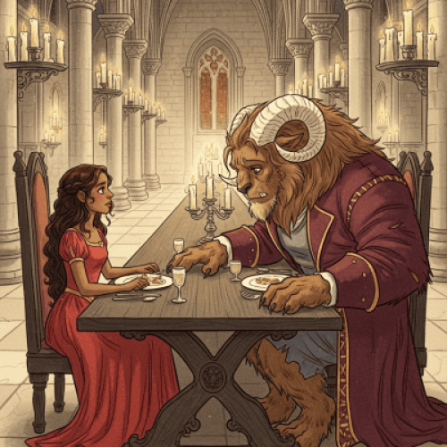 A woman in a red gown and a horned Beast in a regal coat sharing a candlelit meal in a stone hall - Beauty and the Beast