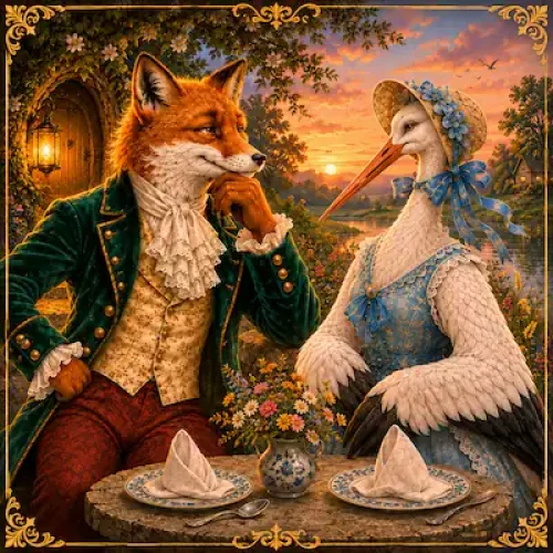 Fox and Stork sit at a woodland table in The Fox and the Stork fable for kids