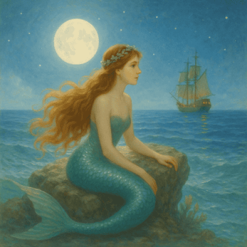 A mermaid with long blonde hair and a teal tail sitting on a rock under a full moon - The Little Mermaid by Hans Christian Andersen