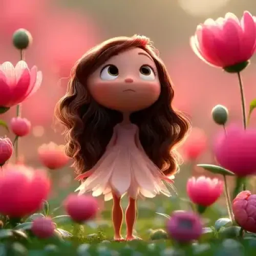 A tiny girl with wavy brown hair in a pink petal dress standing among giant pink flowers - Thumbelina by Hans Christian Andersen