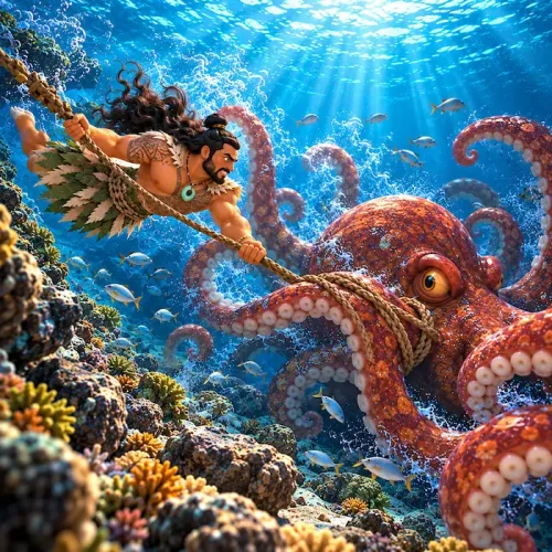 Kupe confronts the giant octopus underwater among coral and fish.