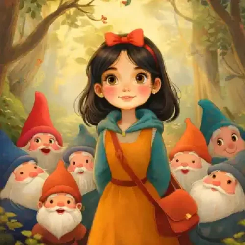 A smiling Snow White with a red bow surrounded by seven cheerful dwarfs in a sunlit forest - Snow White and the Seven Dwarfs