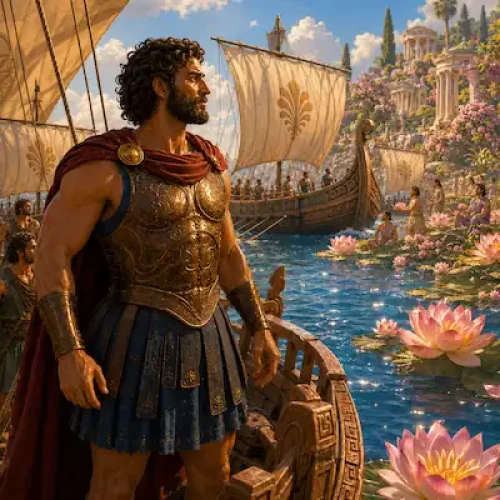 Odysseus stands on a Greek ship near a lotus-filled island in Odysseus and the Lotus Eaters