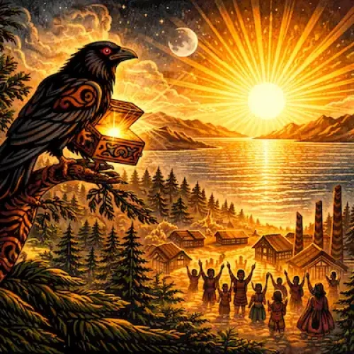 Raven holding a glowing cedar box on a branch above a Haida village as the sun rises over the water and people celebrate below
