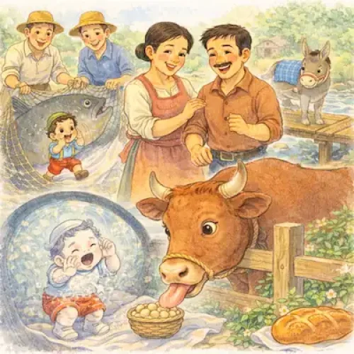 A tiny boy in a green hat with his parents, a giant fish in a net, and a large brown cow - The Little Chickpea (Garbancito)