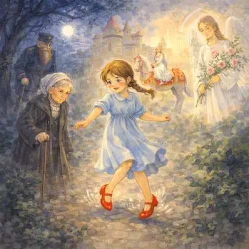 A girl in a blue dress dancing in sparkling red shoes surrounded by ethereal figures and a winged angel - The Red Shoes