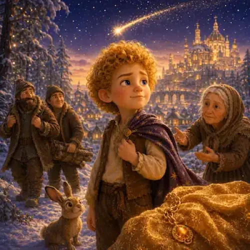 The Star Child by Oscar Wilde cover showing the golden-haired boy beside the golden cloak, the poor old woman, two woodcutters and a falling star.