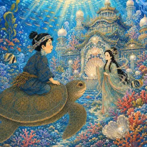 Cover for The Tale of Urashima Tarō showing the fisherman, turtle, Otohime and undersea palace.