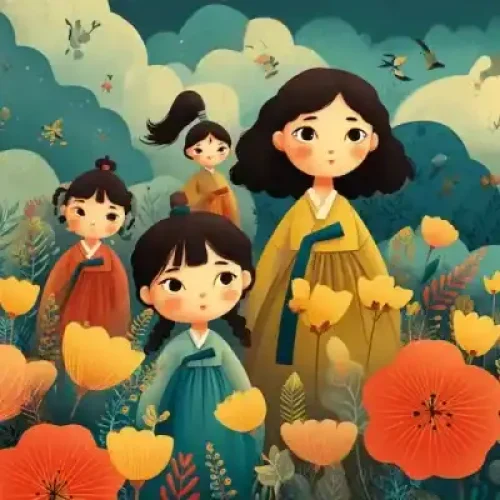 Korean Folklore Woman and three girls walking through a field