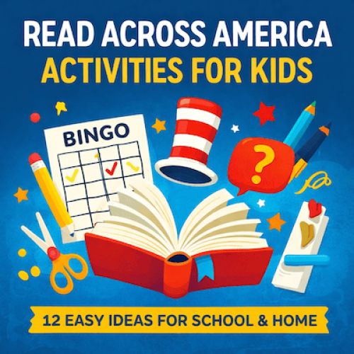 Illustration promoting Read Across America activities for kids, featuring an open book, bingo card, scissors, pencils, question mark speech bubble and a red striped hat, with text reading “Read Across America Activities for Kids – 12 Easy Ideas for School & Home.