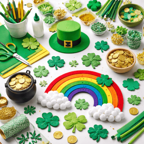 St. Patrick’s Day craft flatlay with rainbow, shamrocks, gold coins, leprechaun hat and children’s activity supplies on a white background