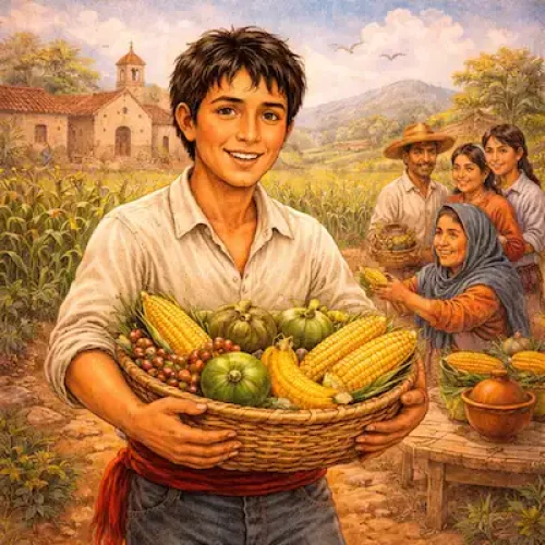 The Lazy Farmer Tomás with earned harvest