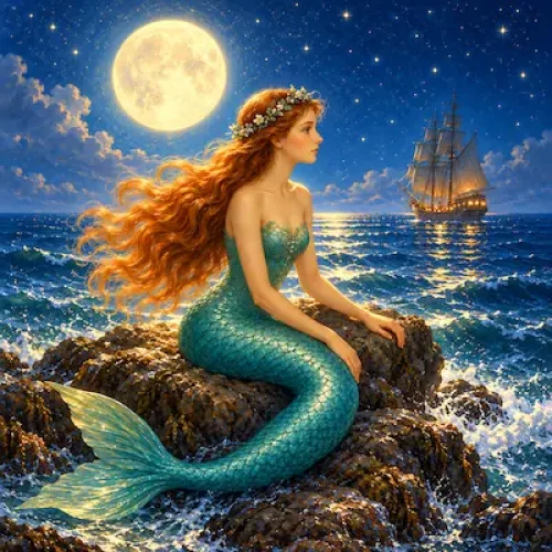 A mermaid with long blonde hair and a teal tail sitting on a rock under a full moon - The Little Mermaid by Hans Christian Andersen
