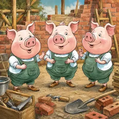 Three little pigs standing in a building site, surrounded by a half built house.