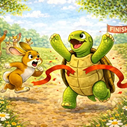 The Tortoise and the Hare crossing the finishing line Aesop Fable