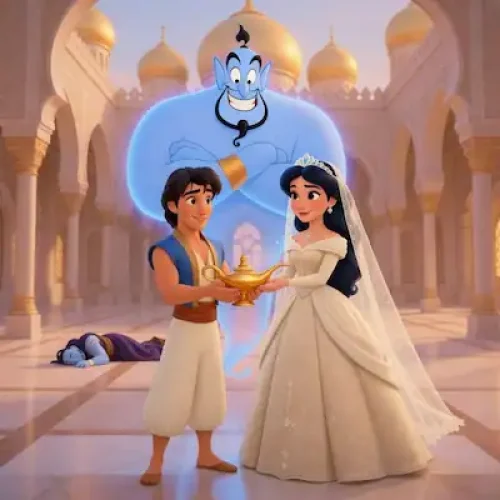 Cover art for Aladdin and the Magic Lamp showing Aladdin and the princess with the magic lamp in a palace setting as the genie appears behind them.