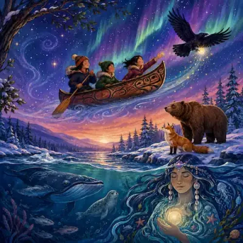 Illustrated Canadian stories scene with a flying canoe, raven, bear, fox, Arctic sea animals and northern lights