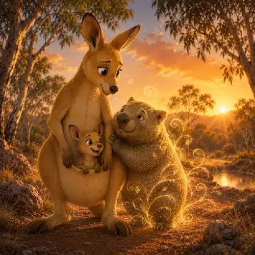 Cover art for How Kangaroo Got Her Pouch, a traditional Aboriginal Australian story for kids