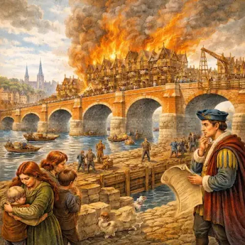 London Bridge is Falling Down cover showing the bridge, fire, smoke, boats and a watchman holding plans