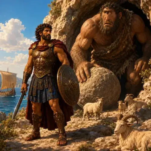 Odysseus near a rocky island with the Cyclops cave in the distance