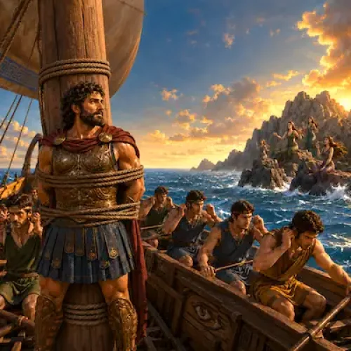 Odysseus tied safely to the mast while sailors row past the Sirens’ shore