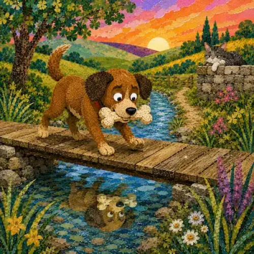 Dog stands on a wooden bridge holding a bone in The Dog and His Reflection fable for kids