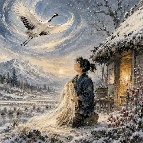 Cover image for The Grateful Crane showing Haru holding the shining cloth as a white crane flies above his snowy cottage