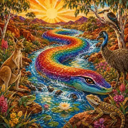 The Rainbow Serpent story cover with a colorful serpent in the Australian landscape