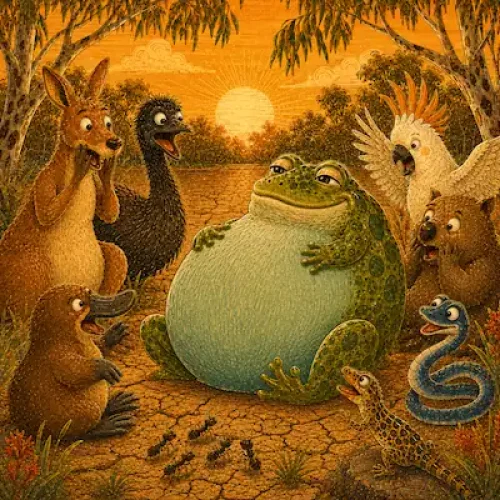Tiddalik the frog with Australian animals in a child-friendly Aboriginal Australian story cover
