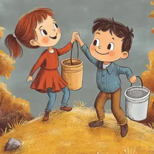 Jack and Jill climbing the hill — classic nursery rhyme book cover illustration.