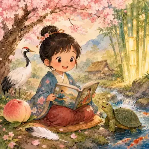 Japanese storybook-style child with folk tale symbols including cherry blossoms, a crane, a turtle, a peach and bamboo for a Japanese folk tales for kids article.