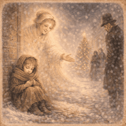 Illustration from The Little Match Girl showing the child, her grandmother and a glowing Christmas tree