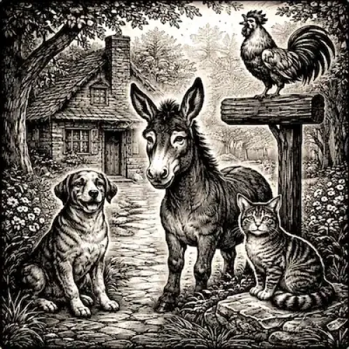 The donkey, dog, cat and rooster standing together outside a cottage in the forest in The Musicians of Bremen fairy tale.
