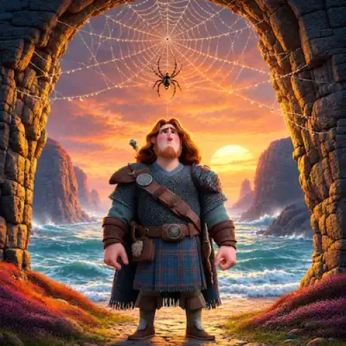 Robert the Bruce in a cave entrance looking up at the spider