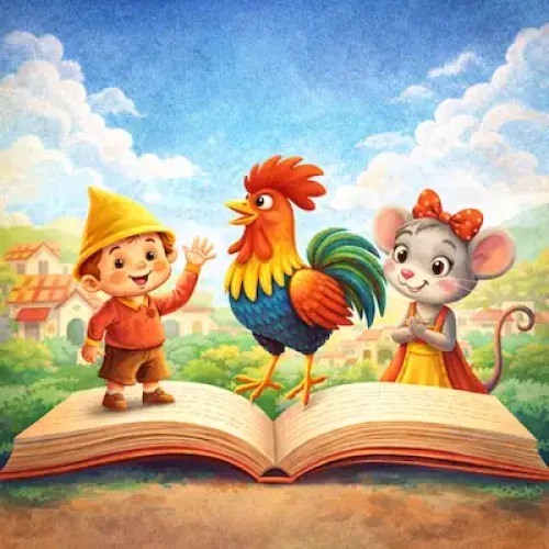 Illustrated square cover image showing Garbancito, Kiriko the Rooster and The Vain Little Mouse standing on an open storybook with a sunny Spanish village behind them.