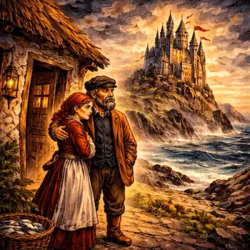 The Fisherman and His Wife Brothers Grimm fairy tale illustration showing a poor fisherman and his wife outside a coastal hut with a distant castle by the sea
