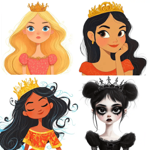 4 different princesses, blonde haired, dark haired, Indian and Goth.