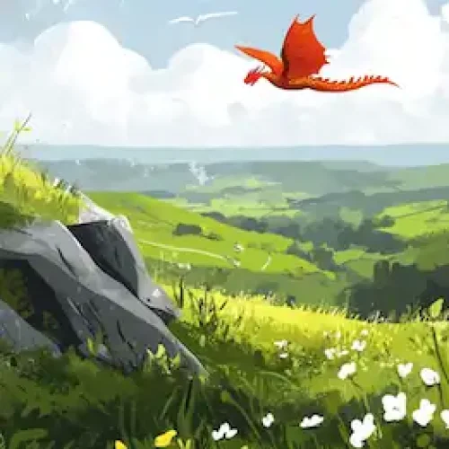 Illustration of a red dragon flying over green Welsh hills and countryside, with rocky cliffs and wildflowers.